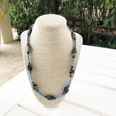 #ad NWT Genuine Blue Pearls amp; Hand Painted Beads Beaded Necklace Blue Brown $28.00