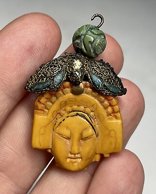 #ad Antique Art Deco Chinese Carved Butterscotch Bakelite Face Pendant Moth Asian $90.00