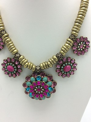 #ad $125 retired Betsey Johnson Boho Cluster Flowers Crystal Statement Necklace BH3 $93.38