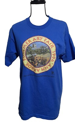 #ad 1996 Ann Arbor Art Fair T Shirt Blue Yellow Buildings Graphic Large 40IN Bust $16.95