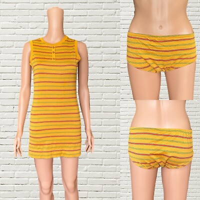 #ad Vintage 60s Micro Mini Dress And Short Set Yellow Striped Xs $40.00
