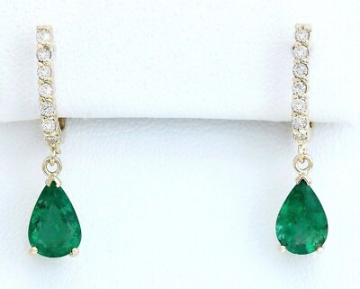 #ad Pear Natural Green Emerald Dangle Earrings Solid 14k Yellow Gold Real Diamond $974.99