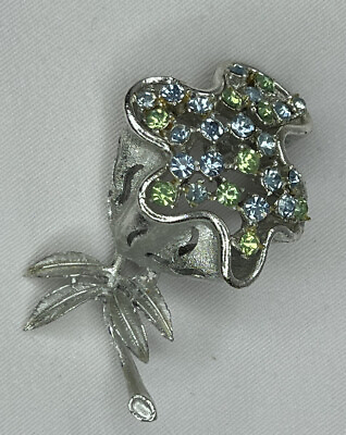 #ad Vtg Coro Retro Flower Brooch Pin 1050 Light Blue amp; Green Rhinestones Silver $19.00