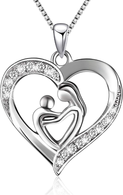 #ad 925 Sterling Silver Mother and Child Love Heart Pendant Necklace Mom Daughter Je $12.59