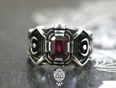 #ad Red Futuristic Hades Ring Statement Ring Red CZ Silver 925 Hades Symbol Ring $80.00