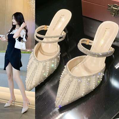 #ad Women Pointed Toe Pearl Slip On Slider High Heel Shoes Fashion Sandals Summer $37.09