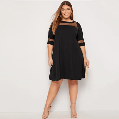 #ad Plus Size Half Sleeve Spring Autumn Elegant Swing Dress Mesh Panel Fit and Flare $44.88