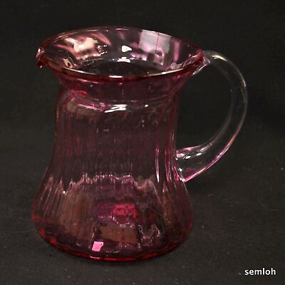#ad Cranberry Pitcher Hand Blown Applied Clear Handle Smooth Pontil 5 3 4quot; Ribbed $54.98