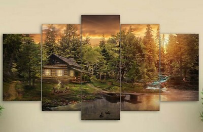 #ad Multi Panel Print Cabin in the Woods Canvas Wall Art Mountain Creek Lake 5 Piece $202.27