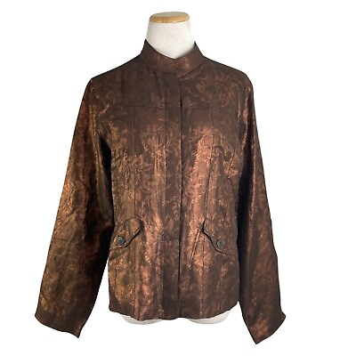 #ad Chicos Jacket Size 1 Medium 8 Metallic Bronze Floral Linen Silk Lightweight $22.00