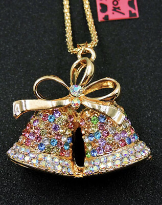 #ad Betsey Johnson Colorful Enamel Gold Bow Christmas Bell Necklace NWT $18.99