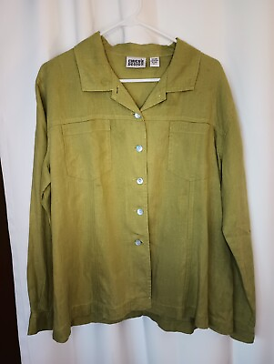 #ad Chicos Linen Shirt Shacket Size 3 XL Chartreuse Green Button Lagenlook $29.90