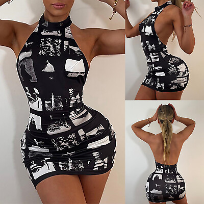 #ad US Women#x27;s Halter Short Bodycon Mini Dress Sleeveless Backless Party Clubwear $7.27