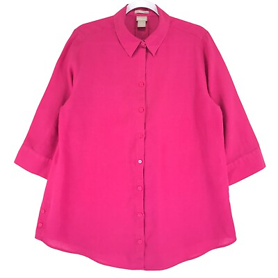 #ad Chicos Linen Shirt Women#x27;s 2 L 12 14 Pink 3 4 Sleeve Button Up $12.99