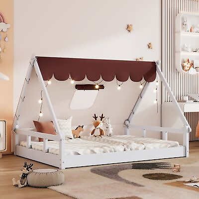 #ad Kids Wooden Tent Bed with Fence Roof Full Size WhiteBrown $255.33