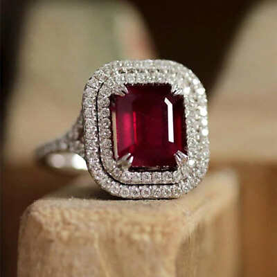 #ad Luxury Red color Princess 925 silver designer Engagement CZ Ruby square Ring $49.99