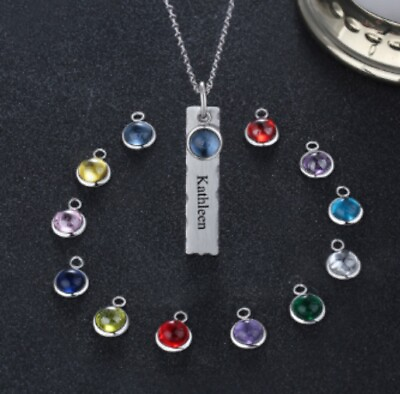 #ad Personalized Stainless Steel Name Birthstone Bar Necklace $28.00