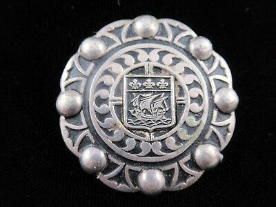 #ad Vintage Silver Pewter Tone Fleur de lis Galleon Crest Brooch Pin Trombone Clasp $15.00
