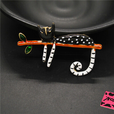 #ad #ad New Black Enamel Cute Cat Sleeping Branch Fashion Women Charm Brooch Pin Gifts $3.95