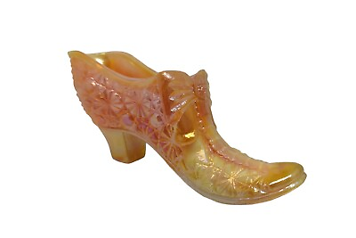#ad Boyd Art Glass Iridescent Orange Slag Shoe Daisy Buttons amp; Bows 1993 98 Glows $21.95