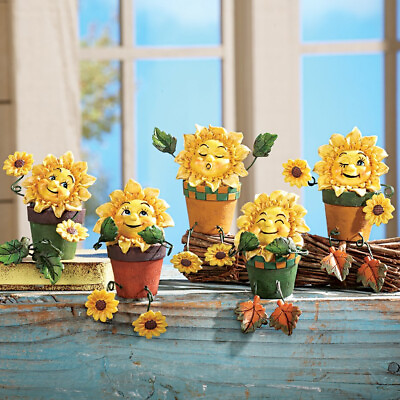 #ad Set of 5 Anthropomorphic Sunflower Shelf Sitters Figurine Poseable Home Decor $26.98