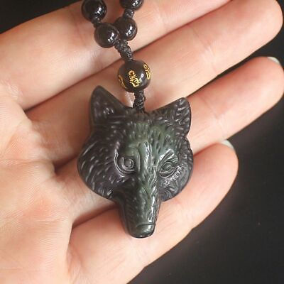 #ad Rainbow obsidian wolf head necklace Amulet crystal pendant with bead chain $10.99