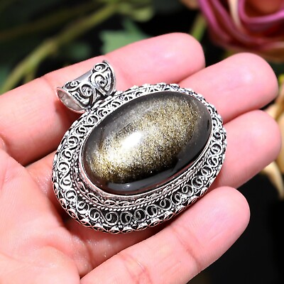 #ad Gold sheen Obsidian Gemstone Pendant 925 Sterling Silver Jewelry Solid Pendant $12.99