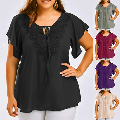 #ad Plus Size Womens Lace Tunic Tops Ladies Short Sleeve Summer Blouse T Shirt 22 30 $19.49