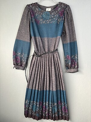 #ad Vintage Dress Womens 14 Prairie Long Secretary Modest Retro Belted 90s USA 2740 $24.99