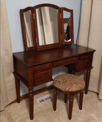 #ad Cherry Wood 3 pc Vanity Set Tri Mirror Table Stool Makeup Drawer Bedroom Desk $369.89