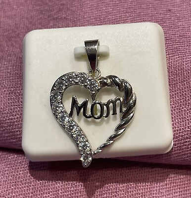 #ad Beautiful Sterling Silver MOM Heart Pendant W Crystals 925 NEW $29.50
