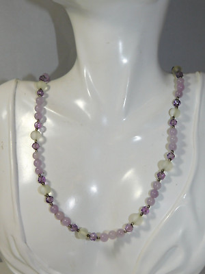 #ad Pink Rose Quartz Stone Faceted Violet Glass 23quot; Bead Strand Necklace 1b 73 $25.19