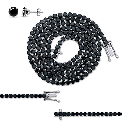 #ad 10k Gold 3mm Black Moissanite Tennis Chain NecklaceBracelet amp; Earrings Set $3394.26