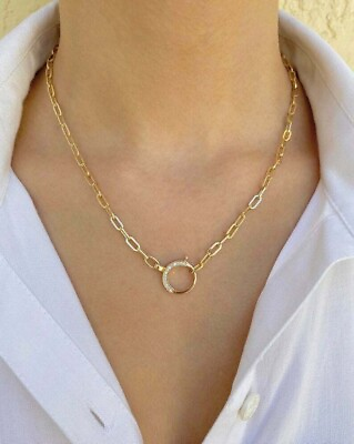 #ad Modern Circle Lock Pendant 18 Paperclip Chain Necklace in 18K Yellow Gold Over $389.99