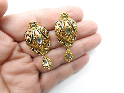 #ad Black Enamel Clear Yellow Rhinestone Ornate Gold Tone Pierced Earrings Vintage $11.66