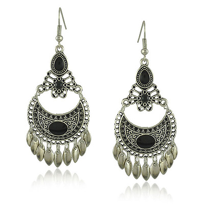 #ad Turkish Style Silver Color Ethnic Earrings with Black stones and leaves $7.99