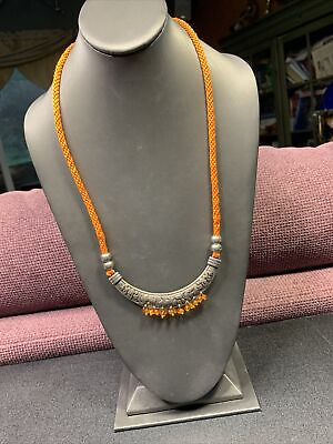 #ad Vintage Orange Silver Crystal Enhanced pendant Necklace Bohemian 24” $24.20