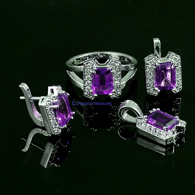 #ad Natural Amethyst amp; CZ Gemstones 925 Sterling silver Pendant Ring Earrings Set #9 $166.25