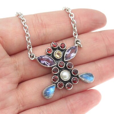 #ad NICKY BUTLER Sterling Silver Vintage Real Multi Color Floral Chain Necklace 18quot; $138.99