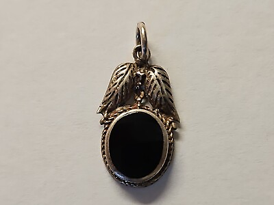 #ad Sterling Silver 925 Black Onyx Pendant With Delicate Leaves Handmade? VINTAGE $14.99