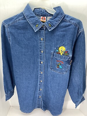 #ad Looney Tunes Tweety Bird Denim Shirt Women Size 18 20 2XL Blue Vintage 2000 NOS $26.95