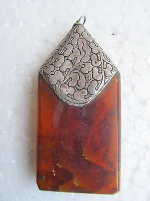 #ad PRETTY GENUINE RED AMBER GEMSTONE STERLING SILVER JEWELRY CARVING PENDANT INDIA $259.99