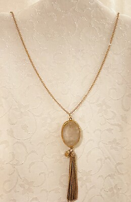 #ad Clear White Quartz Pendant Necklace Tassel White Gem Accent Antique Gold Tone $14.99