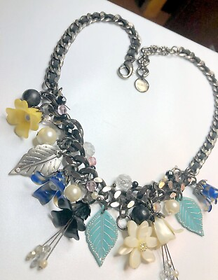 #ad MIMCO Bib Necklace Mother Pearl Flowers amp; Plastics Tulips Black Chain Leather $17.37