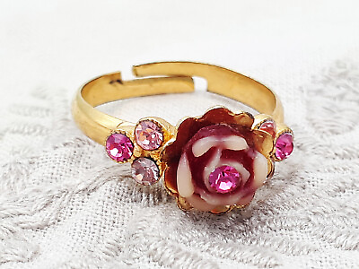 #ad Michal Negrin Ring Pink Victorian Rose Crystals Rhinestones Retro Flower Jewelry $45.00