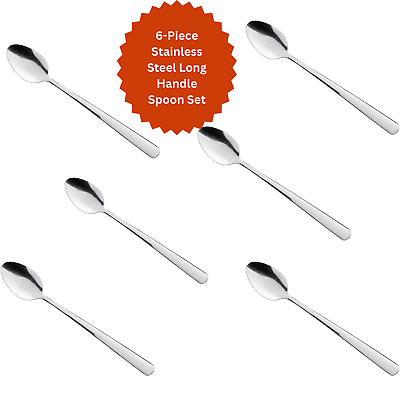 #ad #ad 6 Piece 8quot; Stainless Steel Mixing Spoons Set Iced Teaspoons Ice Cream Spoon $9.39