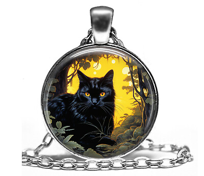 #ad Black Kitty Cat Sunset Sky Pendant Necklace 24quot; Chain Furbaby PurrBaby Mom Gift $14.95