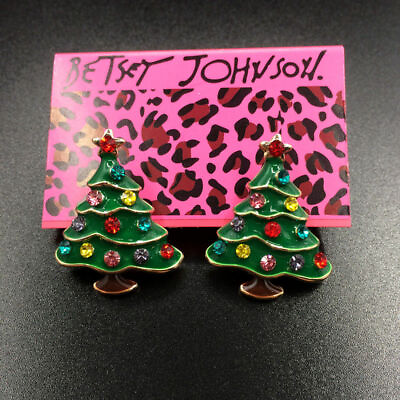 #ad Betsey Johnson Rhinestone green Enamel Christmas Tree Ear Stud Earrings gift bag $15.99