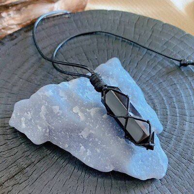 #ad Natural Obsidian Stone Wand Pendant Black Gemstone Wrap Necklace Amulet Handmade $12.90