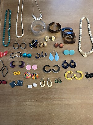 #ad Vintage Costume Jewelry Lot Necklaces Bracelets Earrings 70’s 80#x27;s Plastic Metal $40.00